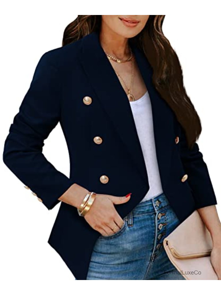 Gold Button Long Sleeve Open Front Blazer Jacket Work Office